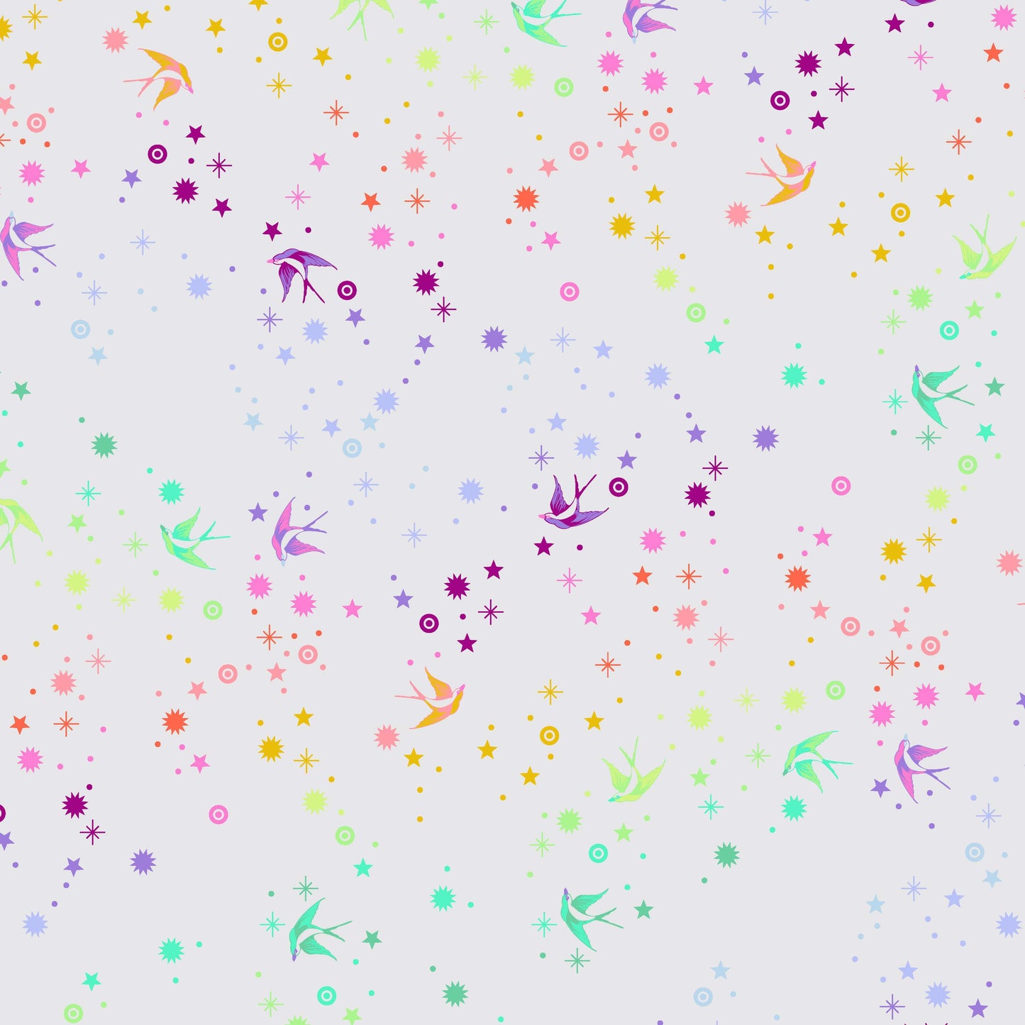 Cotton quilting fabric pattern called 'Fairy Dust in Whisper'. Part of the 'True Colors' fabric collection. Designed by Tula Pink for fabric company Free Spirit Fabrics. SKU: PWTP133.WHISPER. 44-45 inch width.