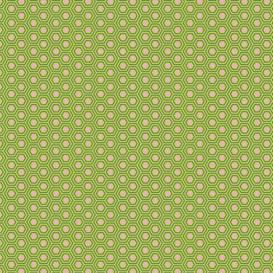Cotton quilting fabric pattern called 'Hexy in Juniper'. Part of the 'True Colors' fabric collection. Designed by Tula Pink for fabric company Free Spirit Fabrics. SKU: PWTP150.JUNIPER. 44-45 inch width.