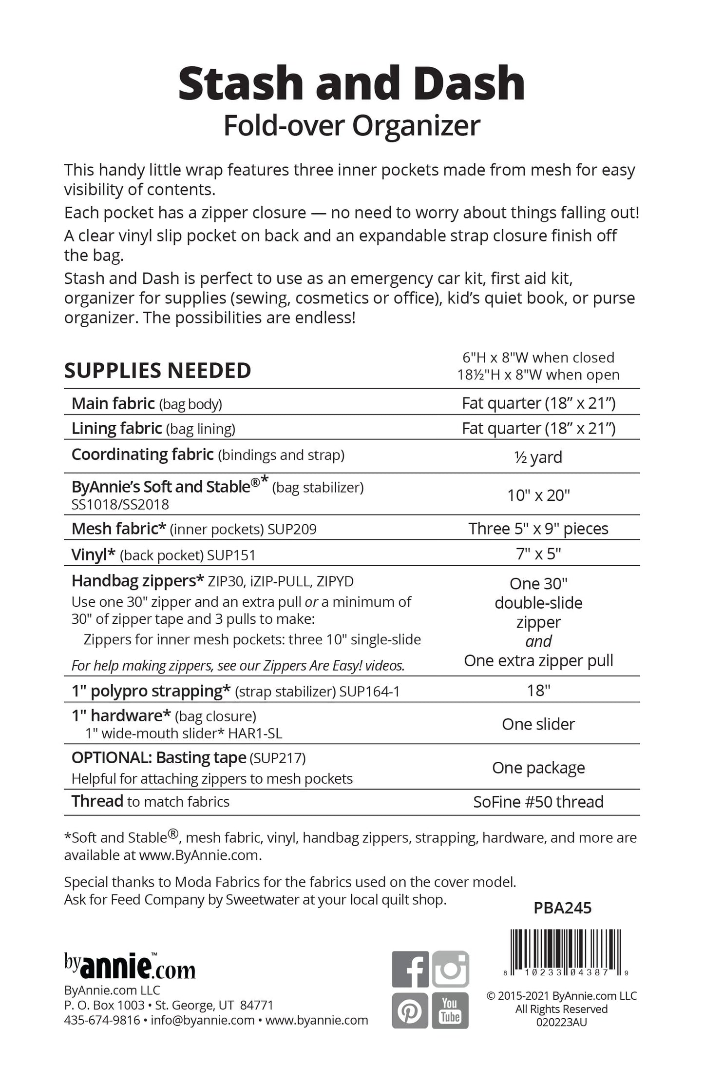 Stash and Dash - Pattern by By Annie - Paper Pattern - PBA245