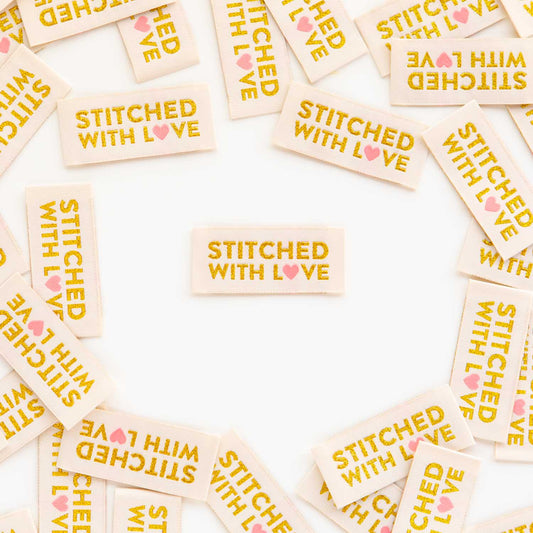 Sarah Hearts - Stitched with Love Gold - Sewing Woven Clothing Label Tags - SH070627