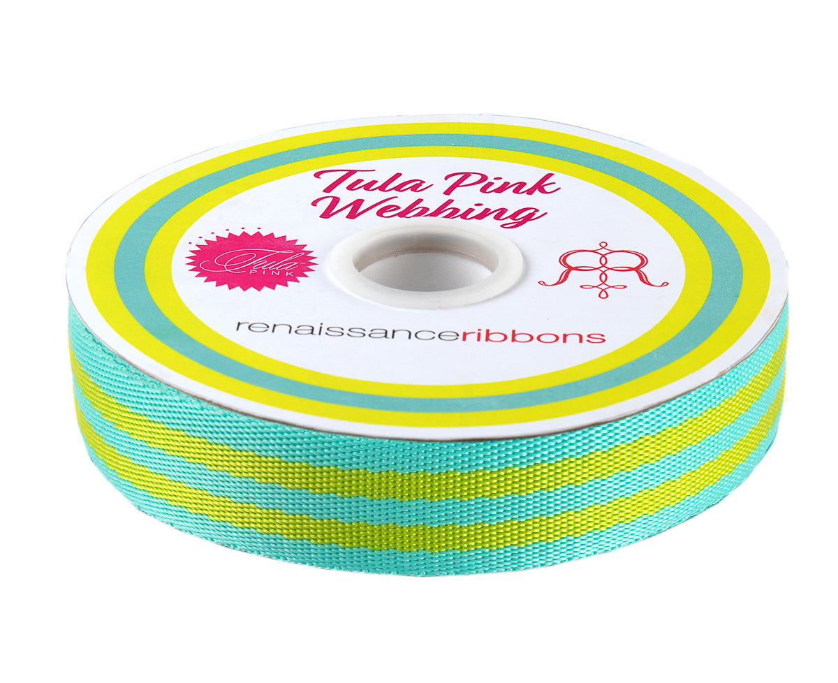 Renaissance Ribbons - 1" Tula Pink Webbing - Tula Pink Webbing in Lime and Turquoise - TKS-91 1" Col 04 - One Yard