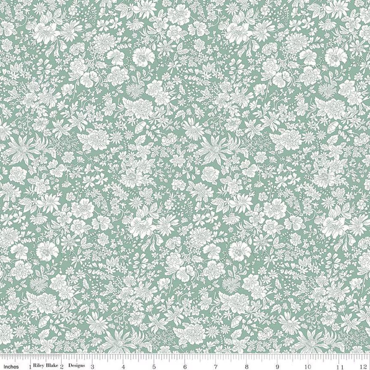 A closeup shot of the quilting fabric pattern called Olive Leaf, part of Liberty Fabric's Emily Belle fabric collection by Riley Blake. SKU is 01666412A.