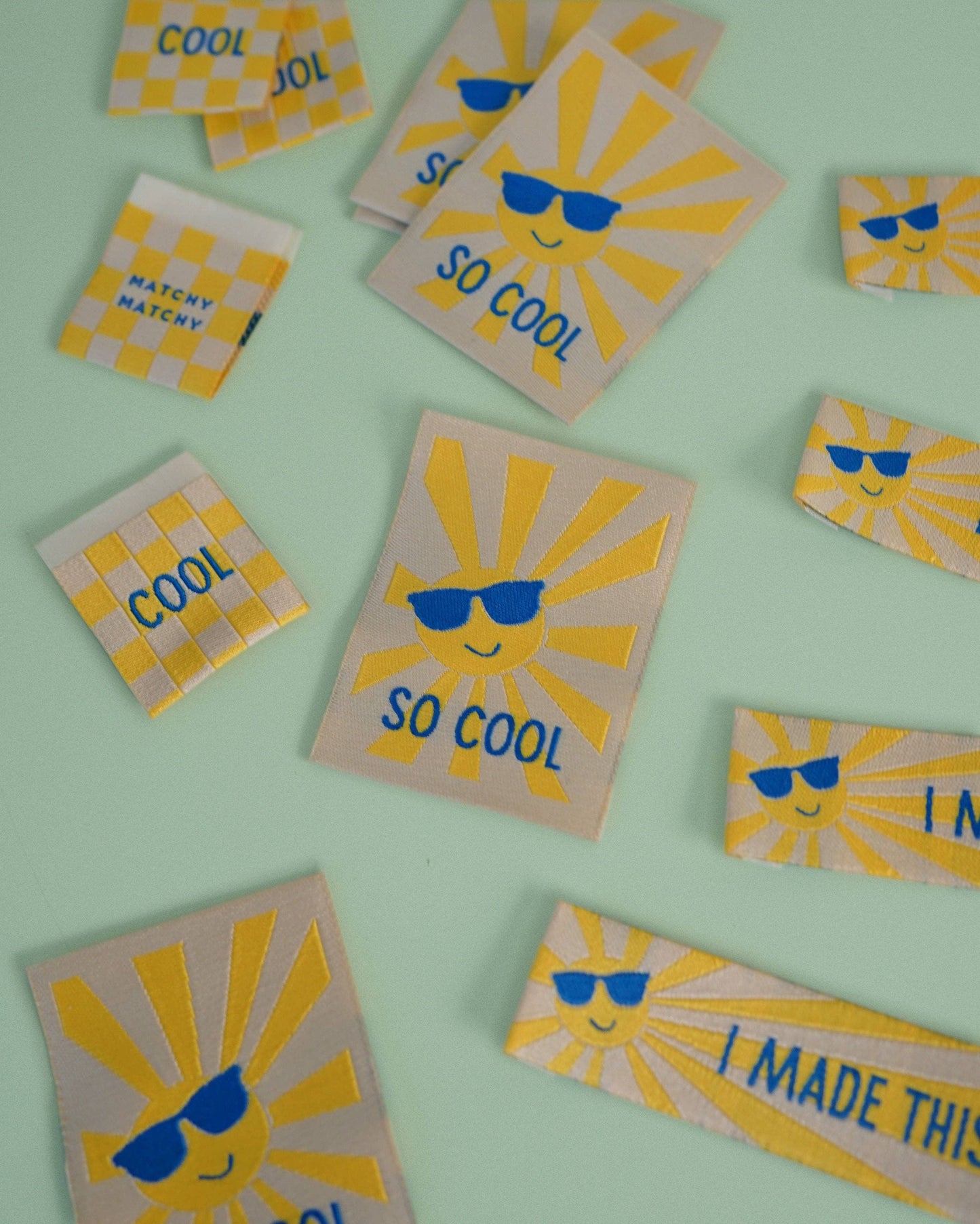 Sunny Cool Square and Rectangle Woven Garment Labels: Set of 8