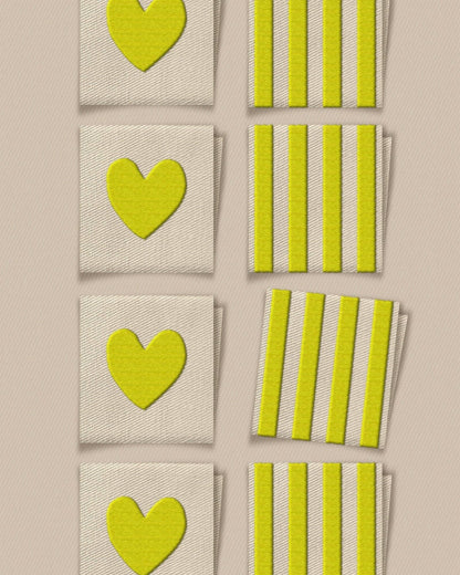 Citron Heart and Stripe Square Garment Labels: Set of 8
