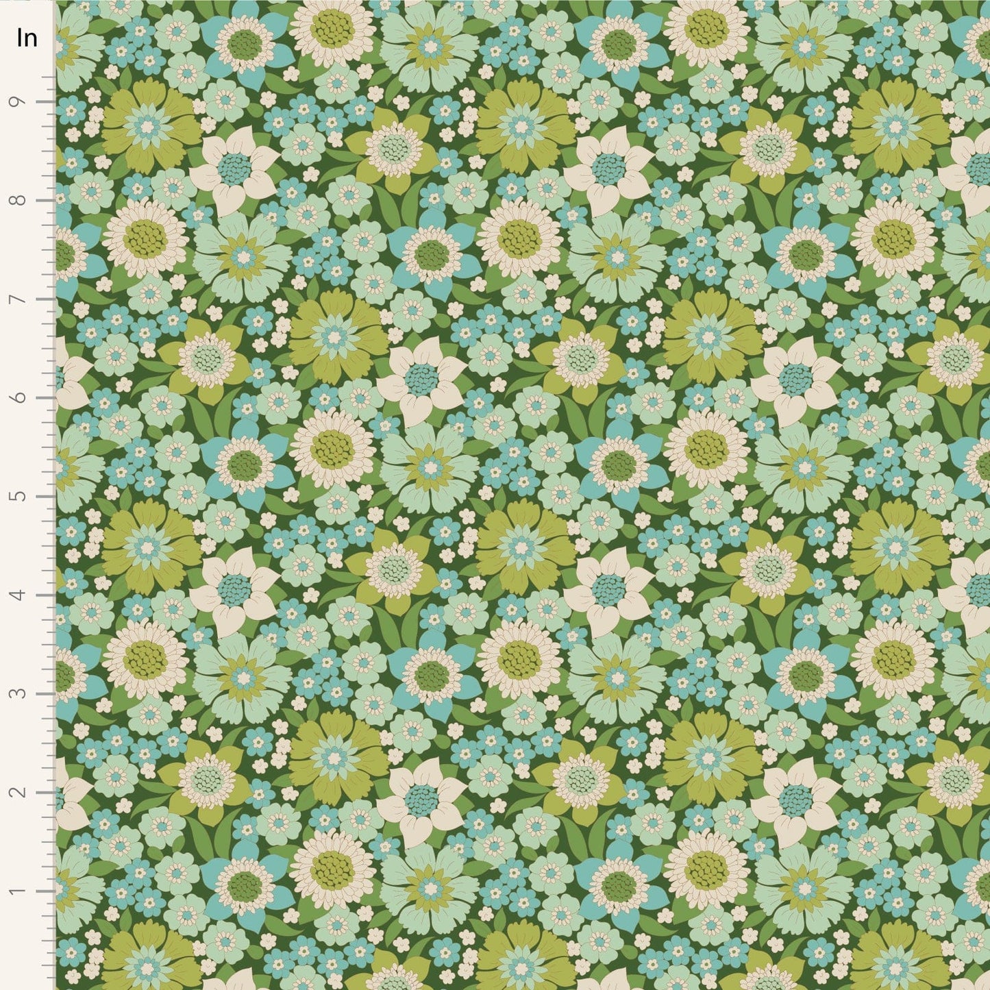 A closeup shot of the quilting fabric pattern called Lauren, designed by Tone Finnanger, in the green colorway. The SKU is TIL100601.