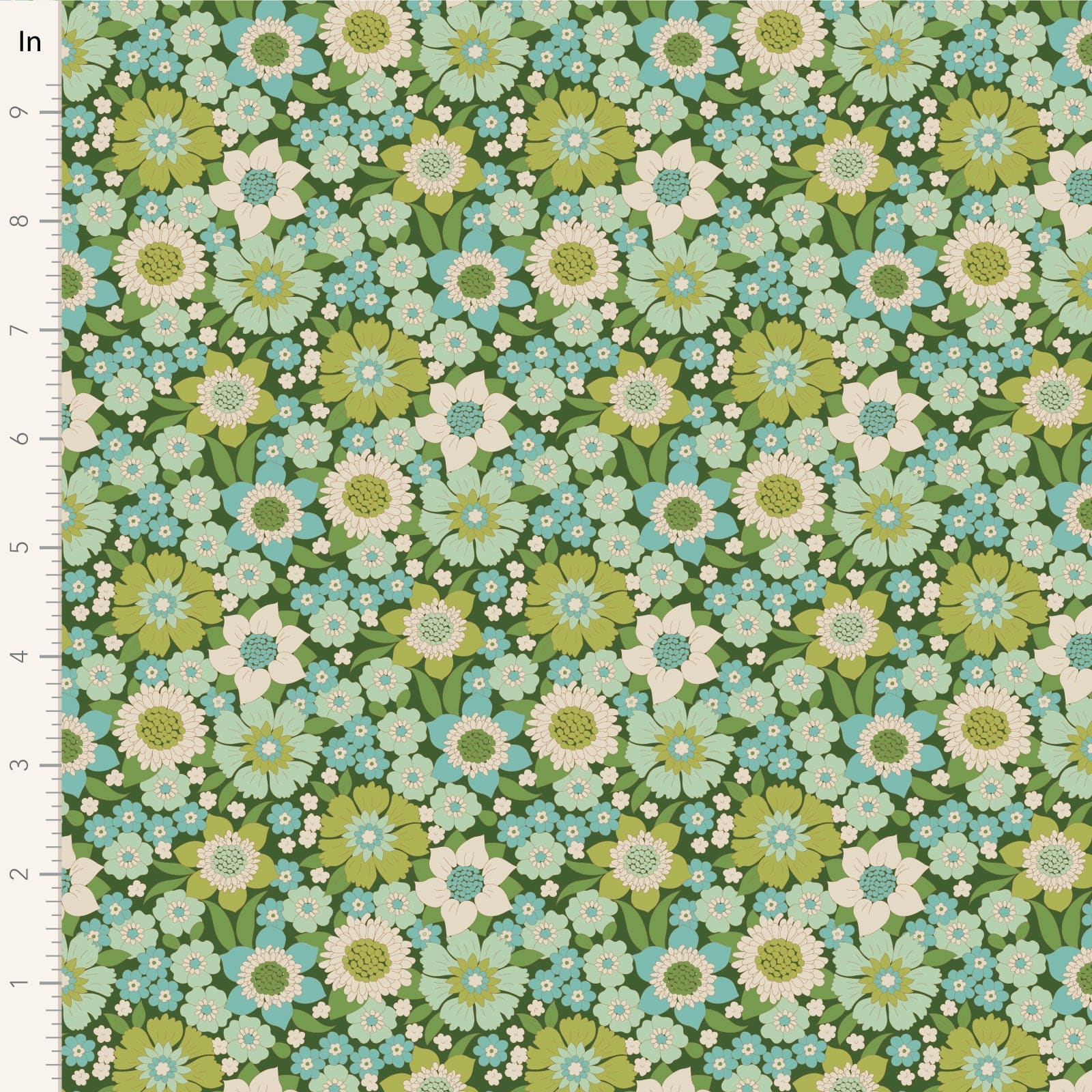A closeup shot of the quilting fabric pattern called Lauren, designed by Tone Finnanger, in the green colorway. The SKU is TIL100601.