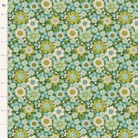 A closeup shot of the quilting fabric pattern called Lauren, designed by Tone Finnanger, in the green colorway. The SKU is TIL100601.