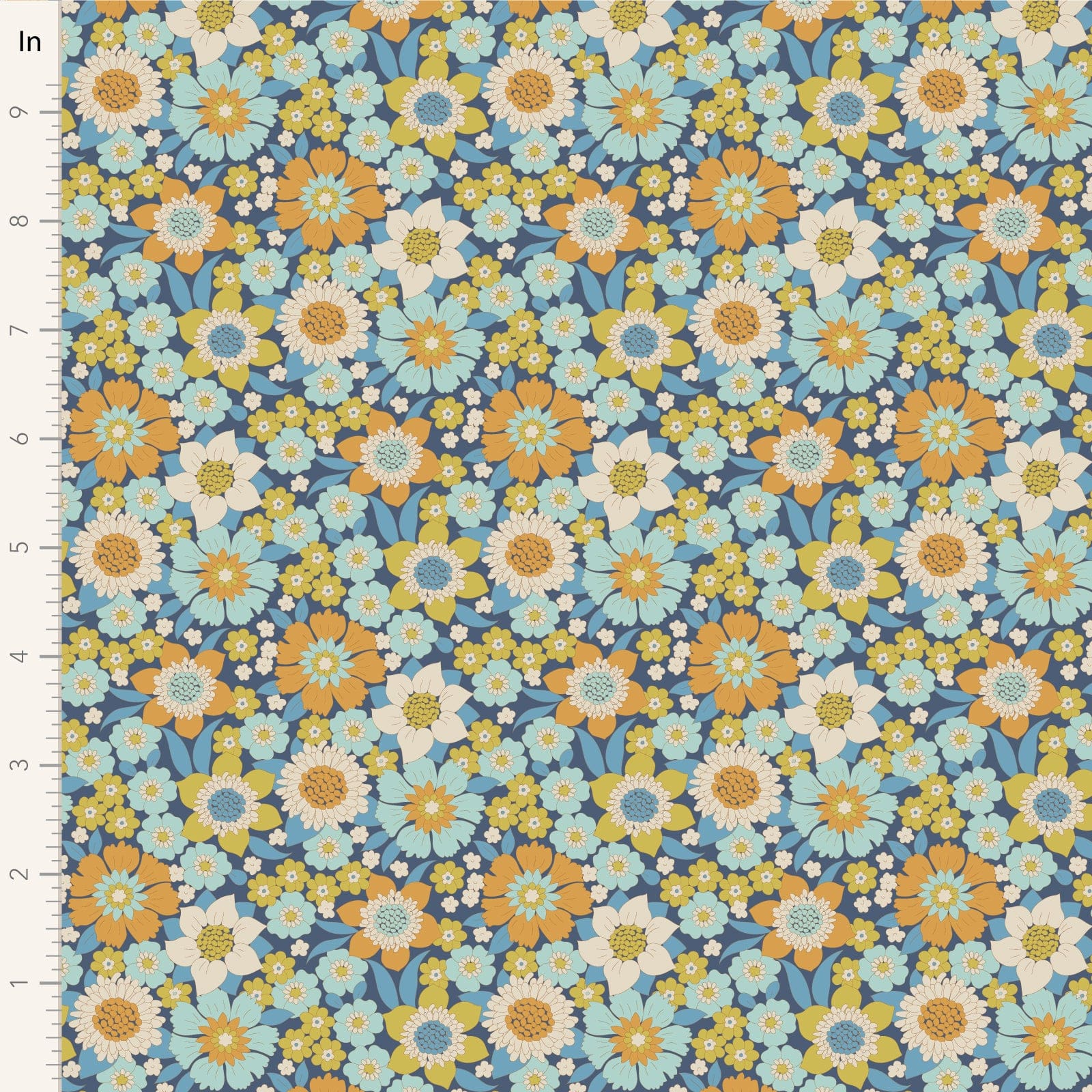 A closeup shot of the quilting fabric pattern called Lauren, designed by Tone Finnanger, in the blue colorway. The SKU is TIL100603.