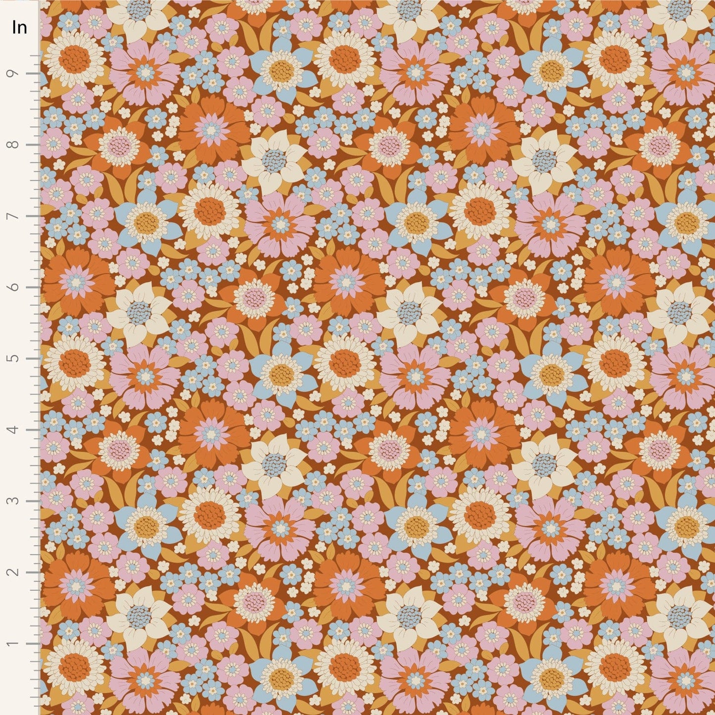 A closeup shot of the quilting fabric pattern called Lauren, designed by Tone Finnanger, in the caramel colorway. The SKU is TIL100604.