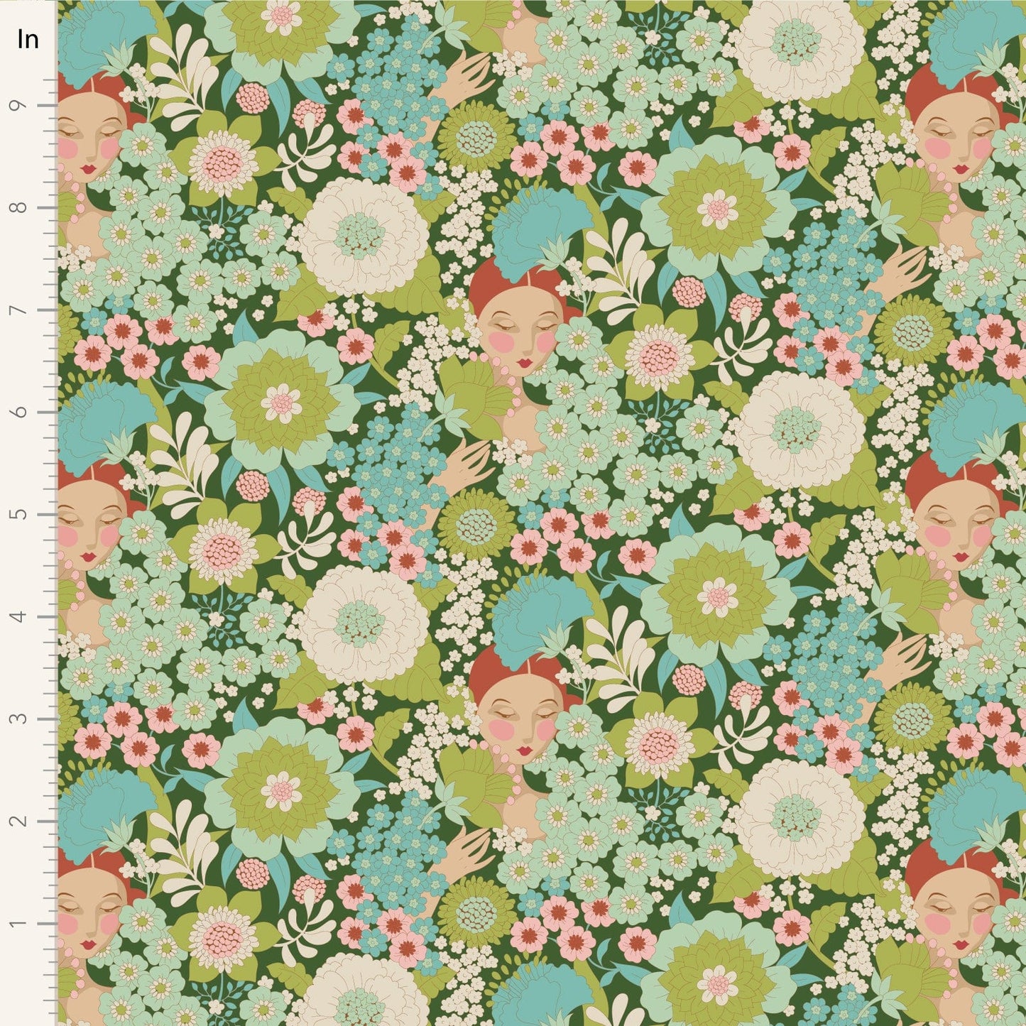 A closeup shot of the quilting fabric pattern called Wallflower, designed by Tone Finnanger, in the green colorway. The SKU is TIL100605.