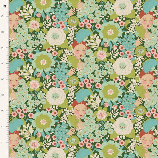 A closeup shot of the quilting fabric pattern called Wallflower, designed by Tone Finnanger, in the green colorway. The SKU is TIL100605.