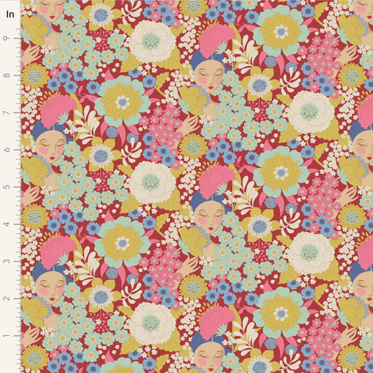 A closeup shot of the quilting fabric pattern called Wallflower, designed by Tone Finnanger, in the burgundy colorway. The SKU is TIL100606.