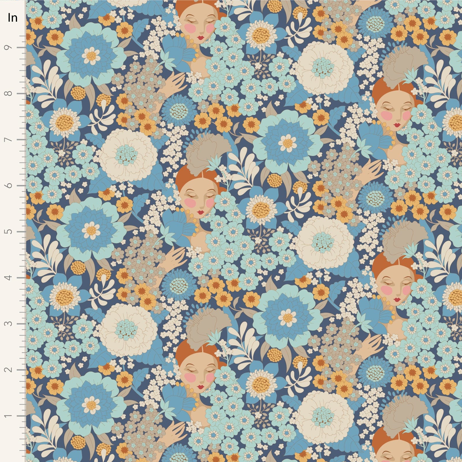 A closeup shot of the quilting fabric pattern called Wallflower, designed by Tone Finnanger, in the blue colorway. The SKU is TIL100607.