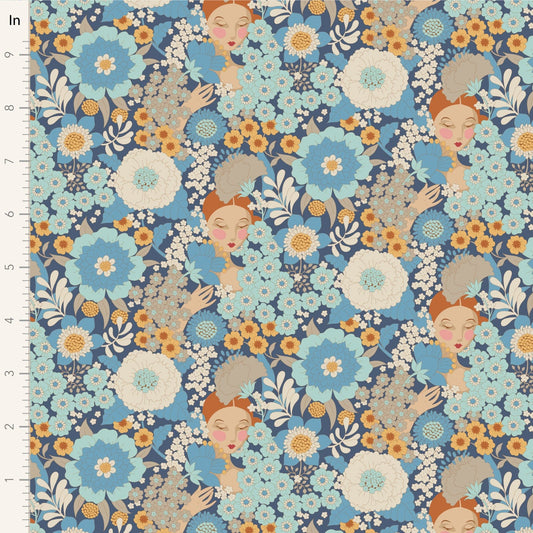 A closeup shot of the quilting fabric pattern called Wallflower, designed by Tone Finnanger, in the blue colorway. The SKU is TIL100607.