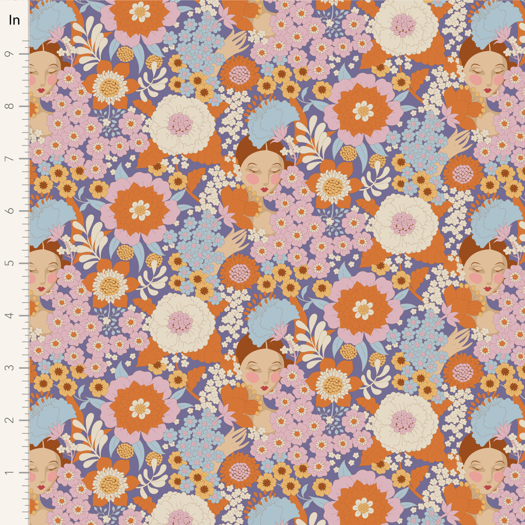 A closeup shot of the quilting fabric pattern called Wallflower, designed by Tone Finnanger, in the thistle colorway. The SKU is TIL100608.