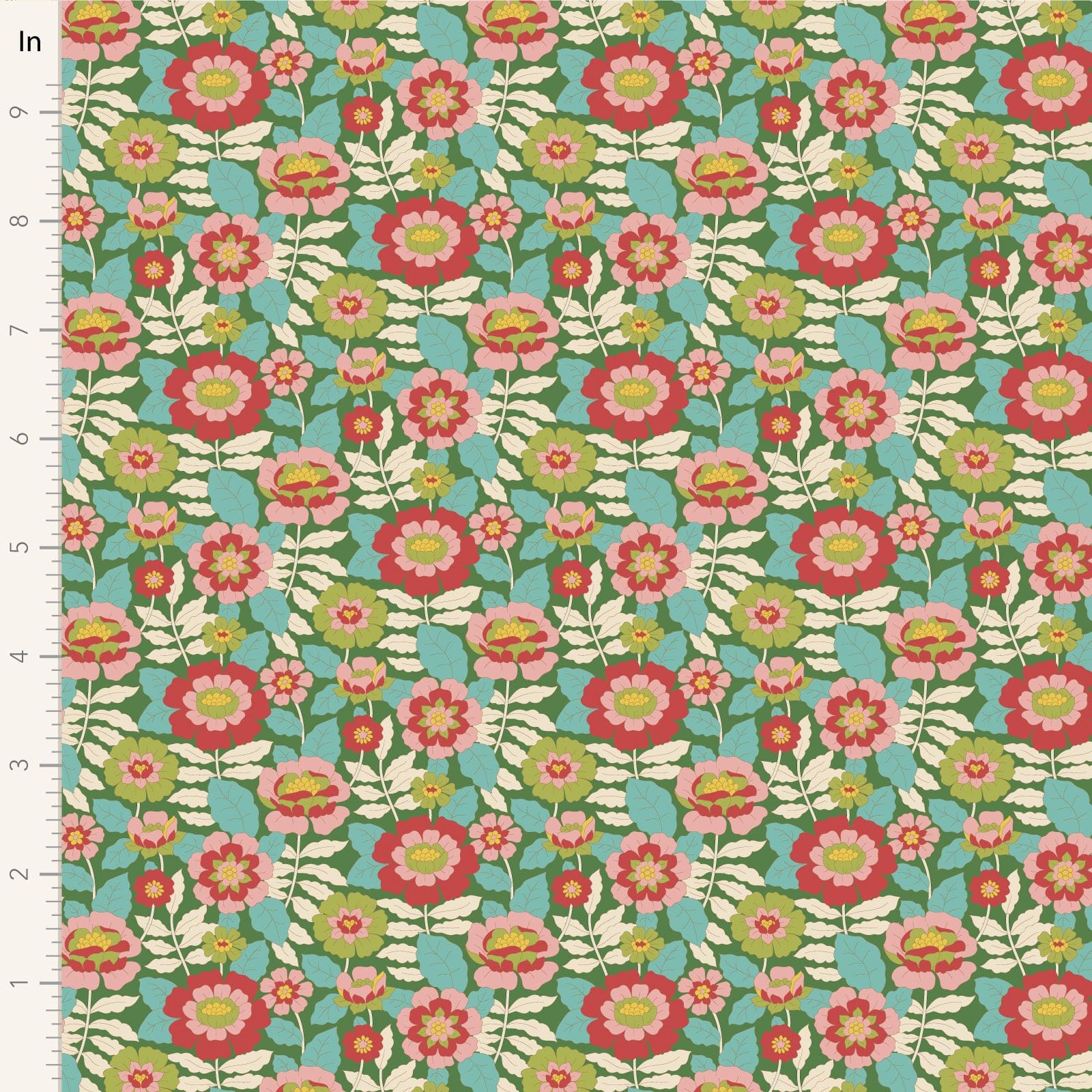 A closeup shot of the quilting fabric pattern called Beverly, designed by Tone Finnanger, in the green colorway. The SKU is TIL100609.