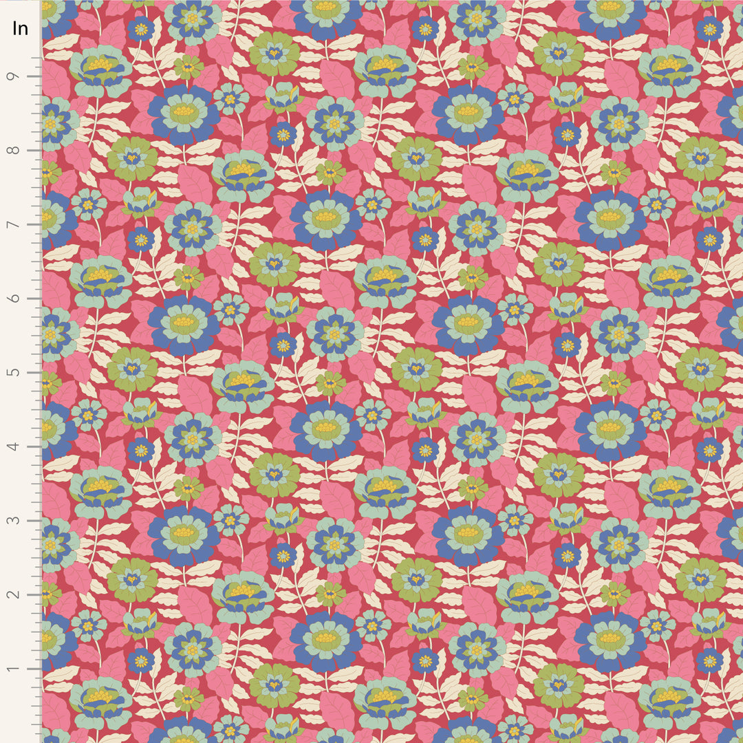 A closeup shot of the quilting fabric pattern called Beverly, designed by Tone Finnanger, in the pink colorway. The SKU is TIL100610.