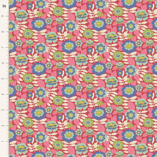 A closeup shot of the quilting fabric pattern called Beverly, designed by Tone Finnanger, in the pink colorway. The SKU is TIL100610.