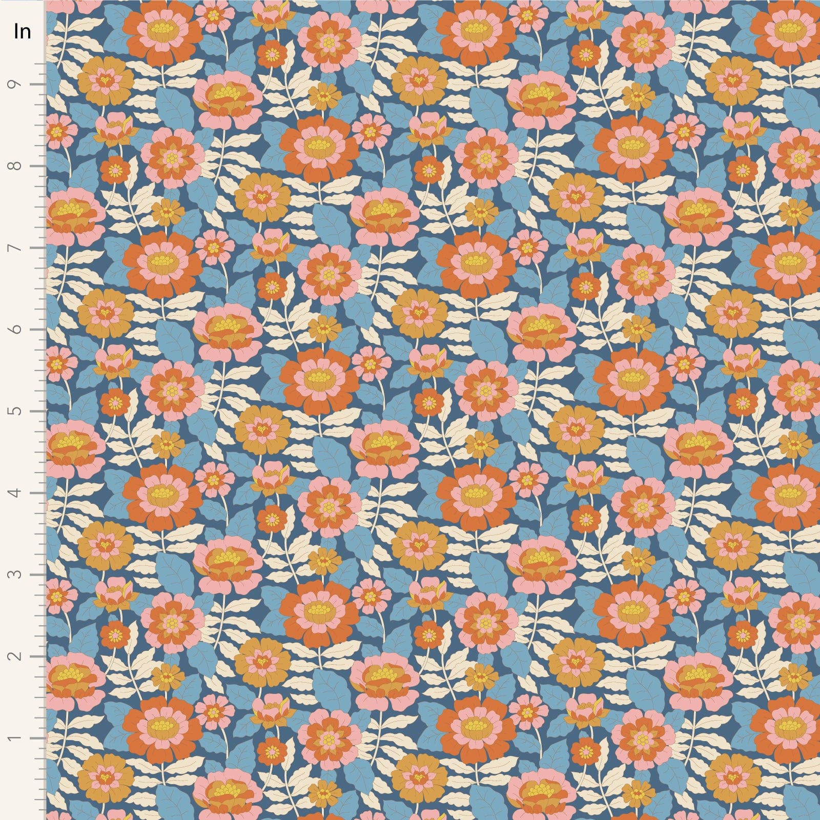 A closeup of the quilting fabric pattern called Beverly, designed by Tone Finnanger, in the blue colorway. The SKU is TIL100611.