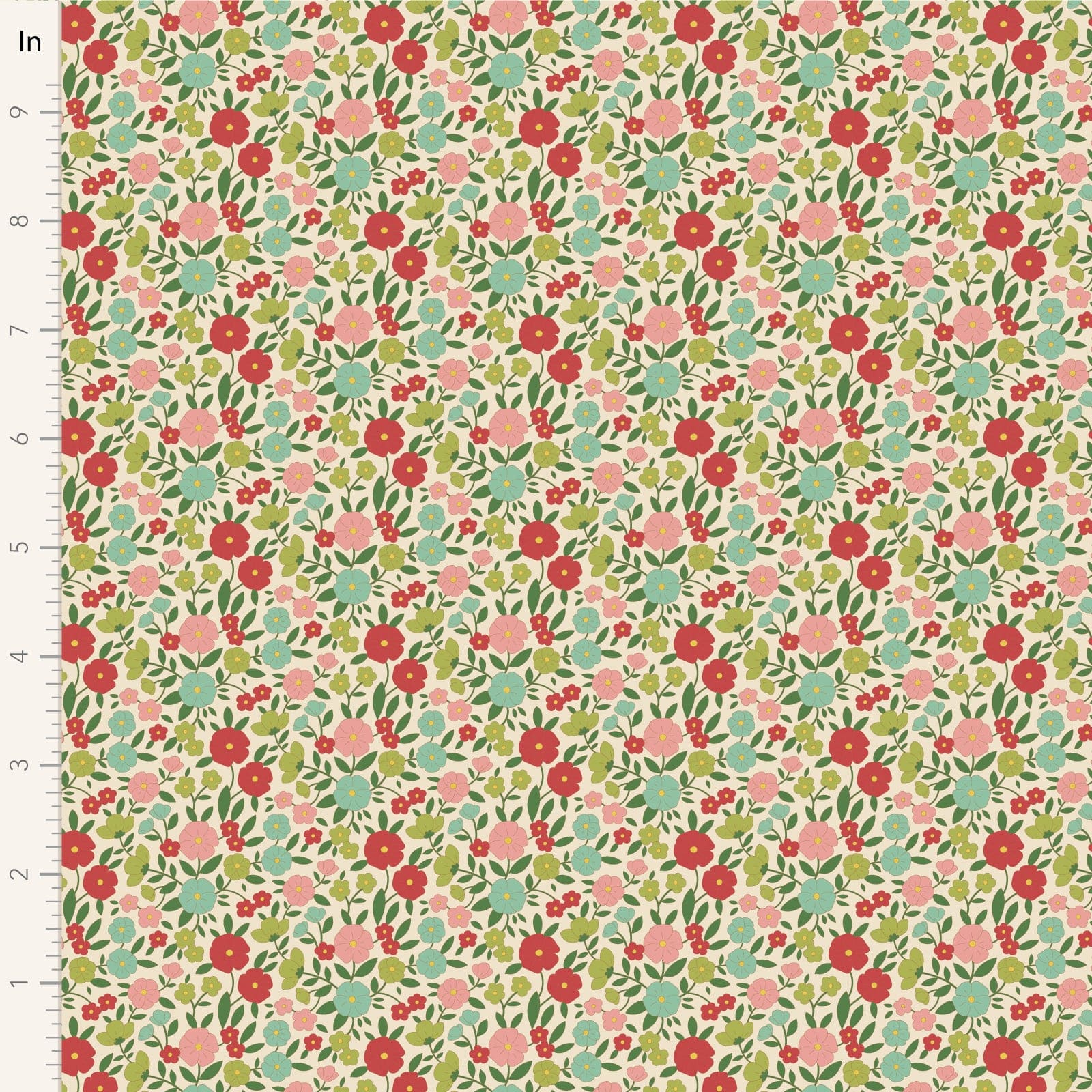 A closeup shot of the quilting fabric pattern called Janice, designed by Tone Finnanger, in the green colorway. The SKU is TIL100613.
