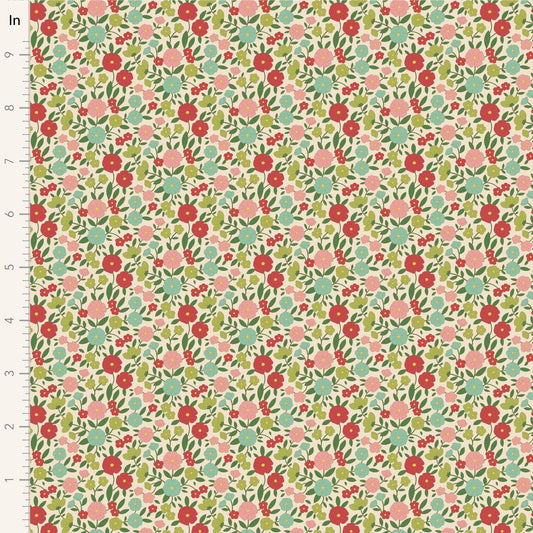 A closeup shot of the quilting fabric pattern called Janice, designed by Tone Finnanger, in the green colorway. The SKU is TIL100613.