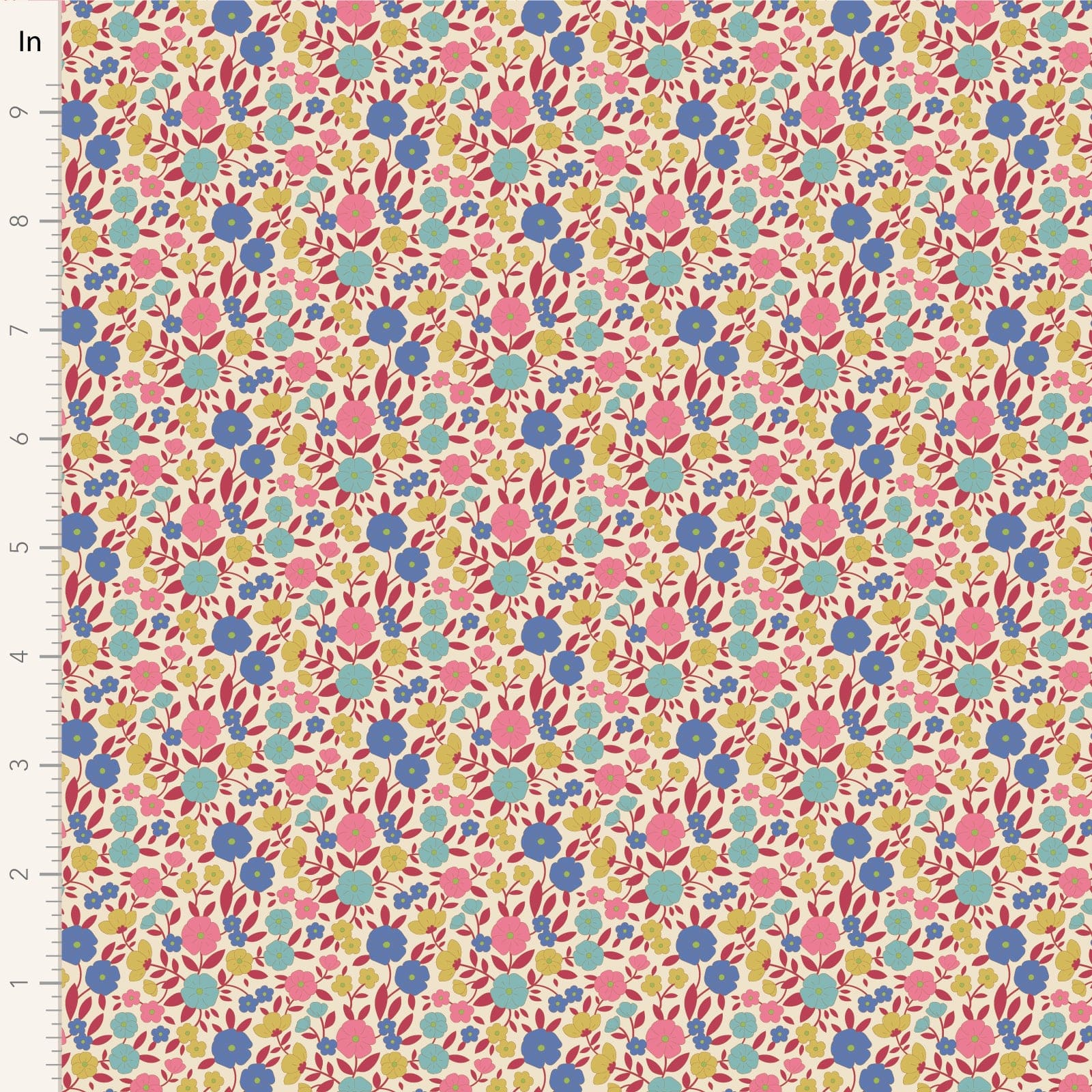 A closeup shot of the quilting fabric pattern called Janice, designed by Tone Finnanger, in the red colorway. The SKU is TIL100614.