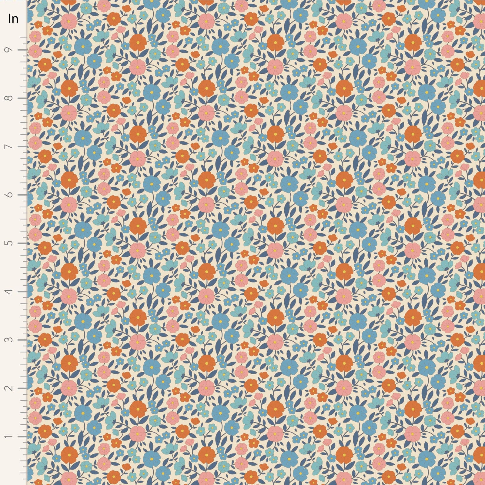 A closeup shot of the quilting fabric pattern called Janice, designed by Tone Finnanger, in the blue colorway. The SKU is TIL100615.