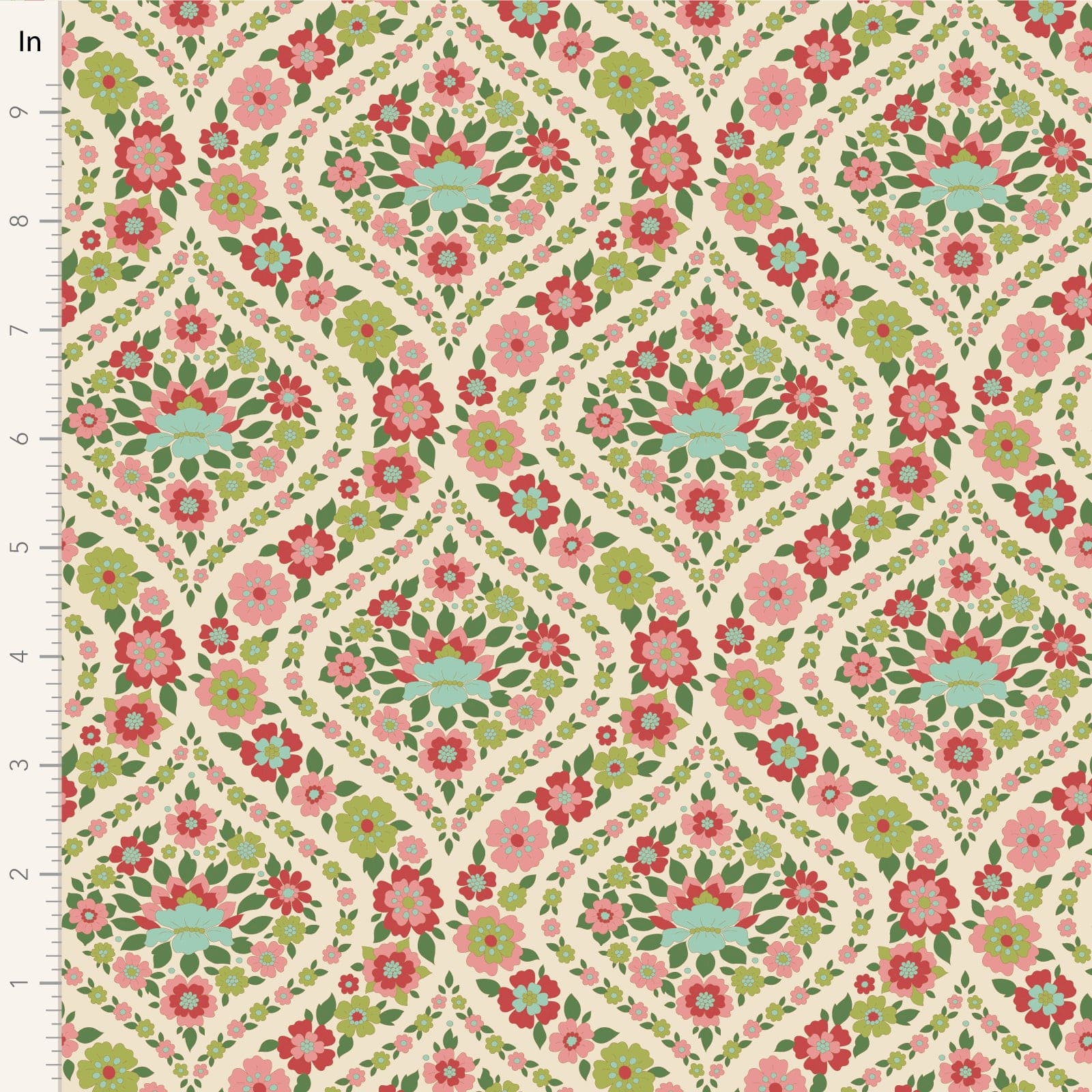 A closeup shot of the quilting fabric pattern called Bianca, designed by Tone Finnanger, in the green colorway. The SKU is TIL100617.