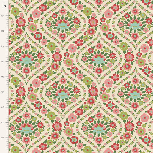 A closeup shot of the quilting fabric pattern called Bianca, designed by Tone Finnanger, in the green colorway. The SKU is TIL100617.