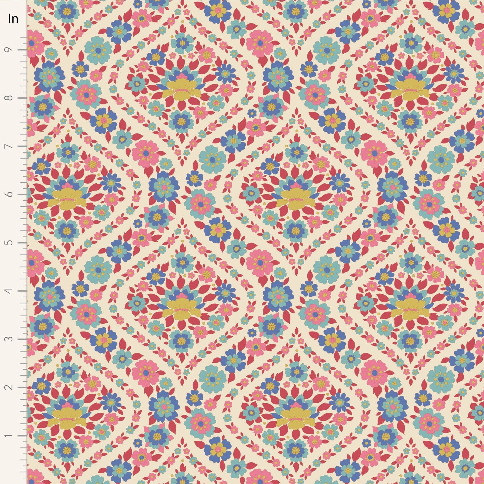 A closeup shot of the quilting fabric pattern called Bianca, designed by Tone Finnanger, in the red colorway. The SKU is TIL100618.