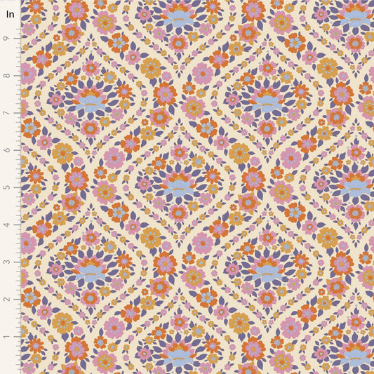 A closeup shot of the quilting fabric pattern called Bianca, designed by Tone Finnanger, in the thistle colorway. The SKU is TIL100620.