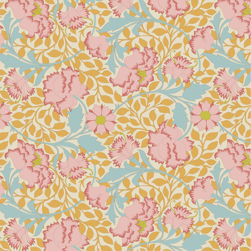 Flora Mustard quilting fabric, part of the Songbird fabric collection from Tilda Fabrics (SKU: TIL100658)