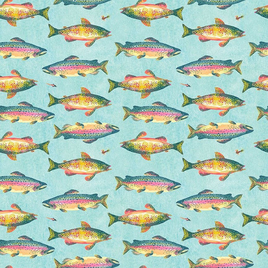 Trout quilting fabric, part of the Nature Walk fabric collection by Kerstin Stock (SKU: STELLA-DKS3334 AQUARIUS)