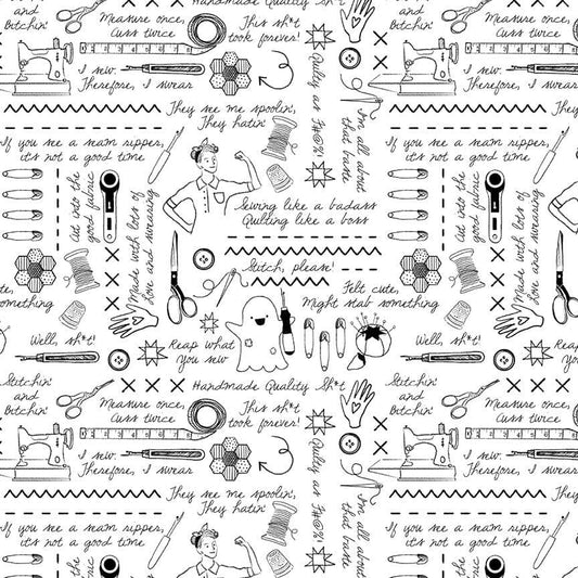 Sweary Stitching in White quilting fabric, part of the Quiet Riot fabric collection by Pammie Jane (SKU: STELLA-DPJ3098 WHITE)