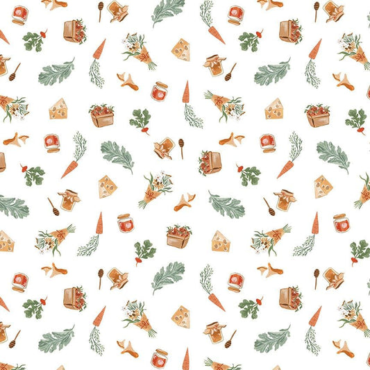 Farmers Produce in White quilting fabric, part of the Country Mouse fabric collection by Rae Ritchie (SKU: STELLA-DRR3254 WHITE)