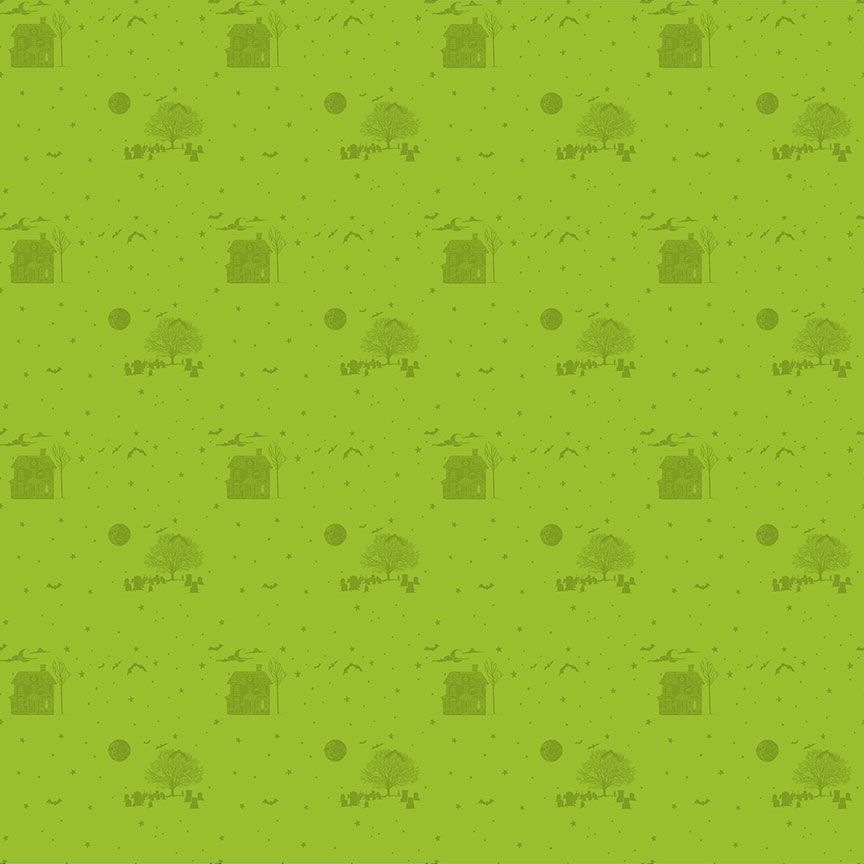 A closeup shot of the quilting fabric pattern called Haunted, designed by Pammie Jane for Dear Stella, in the citron colorway. The SKU is STELLA-DPJ3170 CITRON.