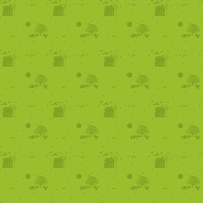 A closeup shot of the quilting fabric pattern called Haunted, designed by Pammie Jane for Dear Stella, in the citron colorway. The SKU is STELLA-DPJ3170 CITRON.