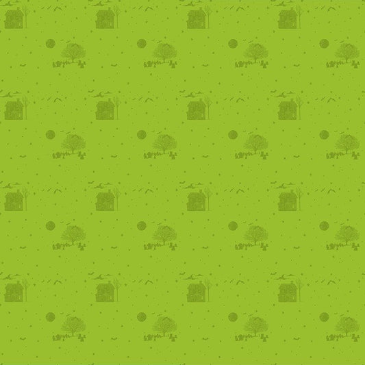 A closeup shot of the quilting fabric pattern called Haunted, designed by Pammie Jane for Dear Stella, in the citron colorway. The SKU is STELLA-DPJ3170 CITRON.