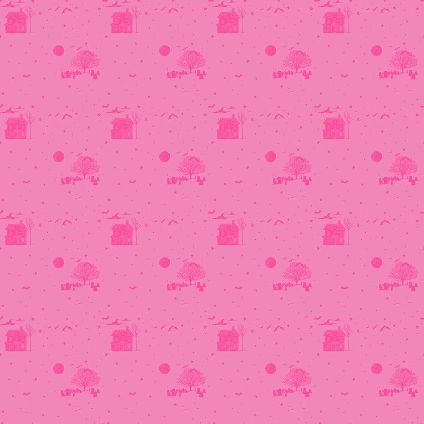 A closeup shot of the quilting fabric pattern called Haunted, designed by Pammie Jane for Dear Stella, in the lipstick colorway. The SKU is STELLA-DPJ3170 LIPSTICK.