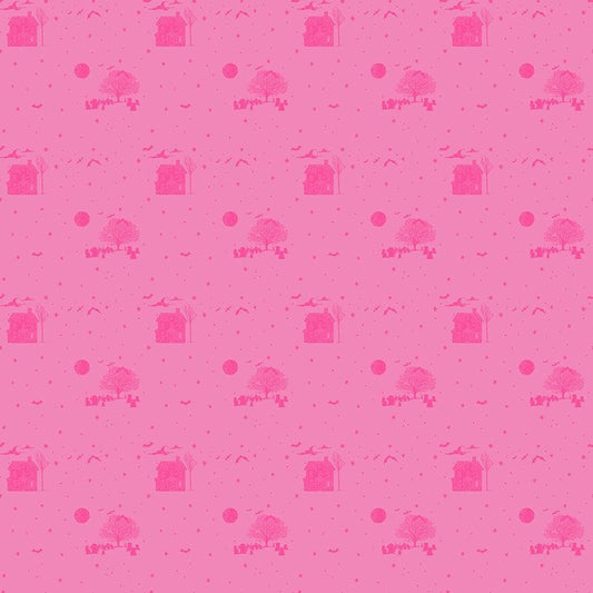 A closeup shot of the quilting fabric pattern called Haunted, designed by Pammie Jane for Dear Stella, in the lipstick colorway. The SKU is STELLA-DPJ3170 LIPSTICK.