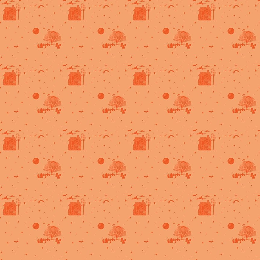A closeup shot of the quilting fabric pattern called Haunted, designed by Pammie Jane for Dear Stella, in the pumpkin colorway. The SKU is STELLA-DPJ3170 PUMPKIN.