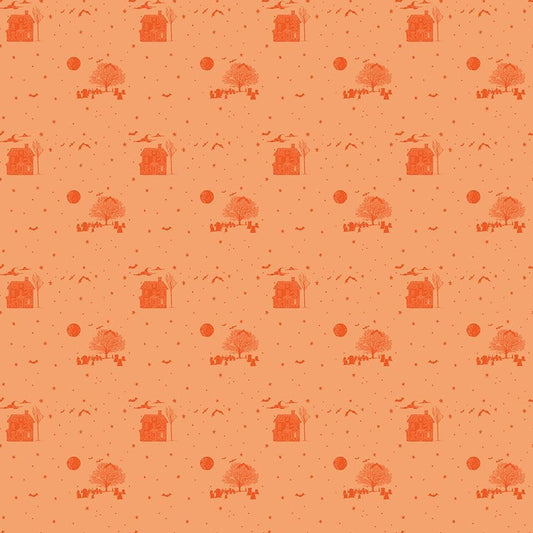 A closeup shot of the quilting fabric pattern called Haunted, designed by Pammie Jane for Dear Stella, in the pumpkin colorway. The SKU is STELLA-DPJ3170 PUMPKIN.