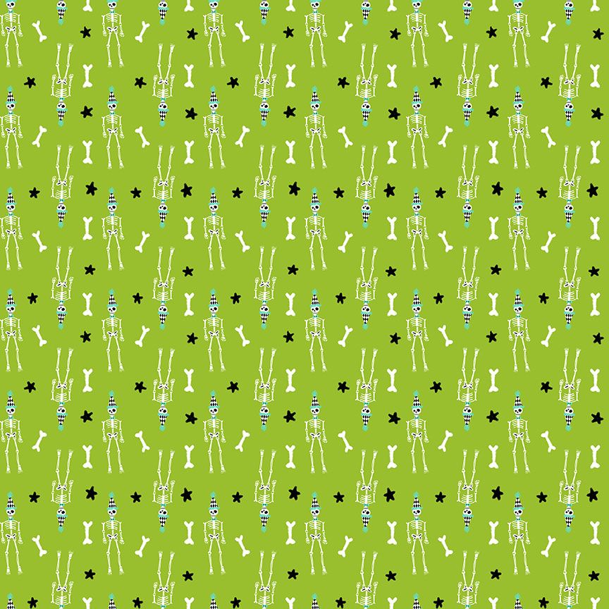 A closeup shot of the quilting fabric pattern called Skeletor, designed by Pammie Jane for Dear Stella, in the citron colorway. The SKU is STELLA-DPJ3177 CITRON.
