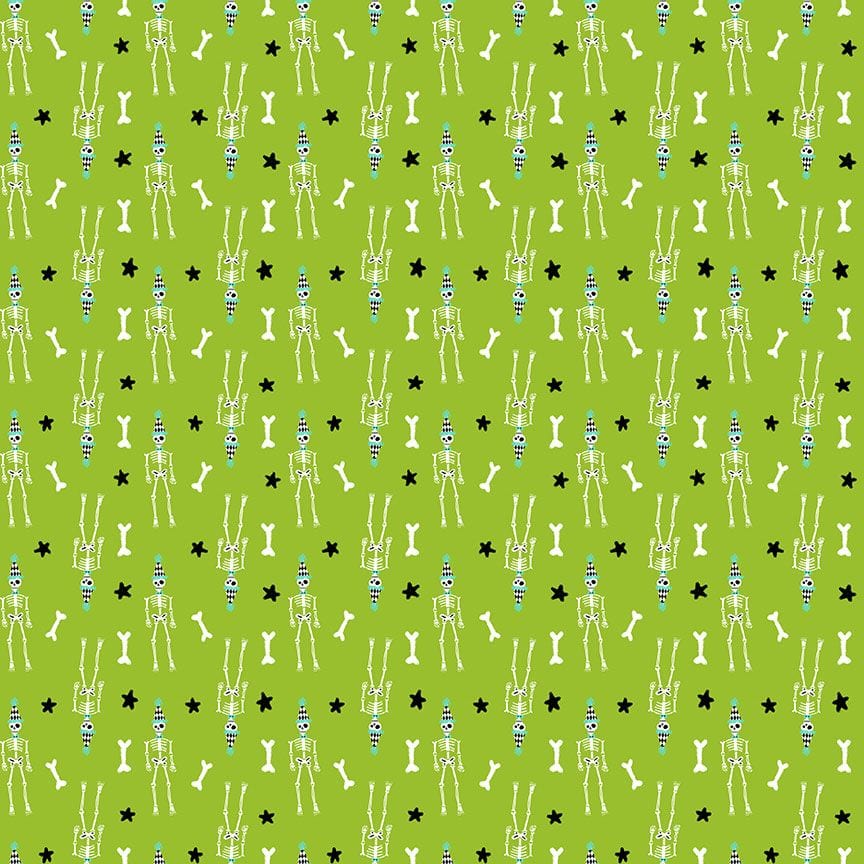 A closeup shot of the quilting fabric pattern called Skeletor, designed by Pammie Jane for Dear Stella, in the citron colorway. The SKU is STELLA-DPJ3177 CITRON.