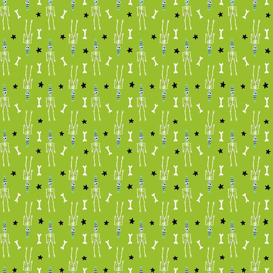 A closeup shot of the quilting fabric pattern called Skeletor, designed by Pammie Jane for Dear Stella, in the citron colorway. The SKU is STELLA-DPJ3177 CITRON.