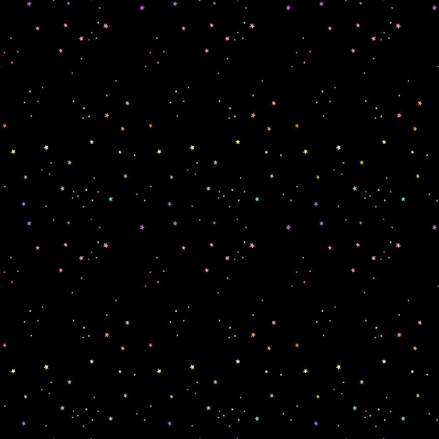 A closeup shot of the quilting fabric pattern called Spacey, designed by Pammie Jane for Dear Stella, in the black colorway. The SKU is STELLA-DPJ3180 BLACK.