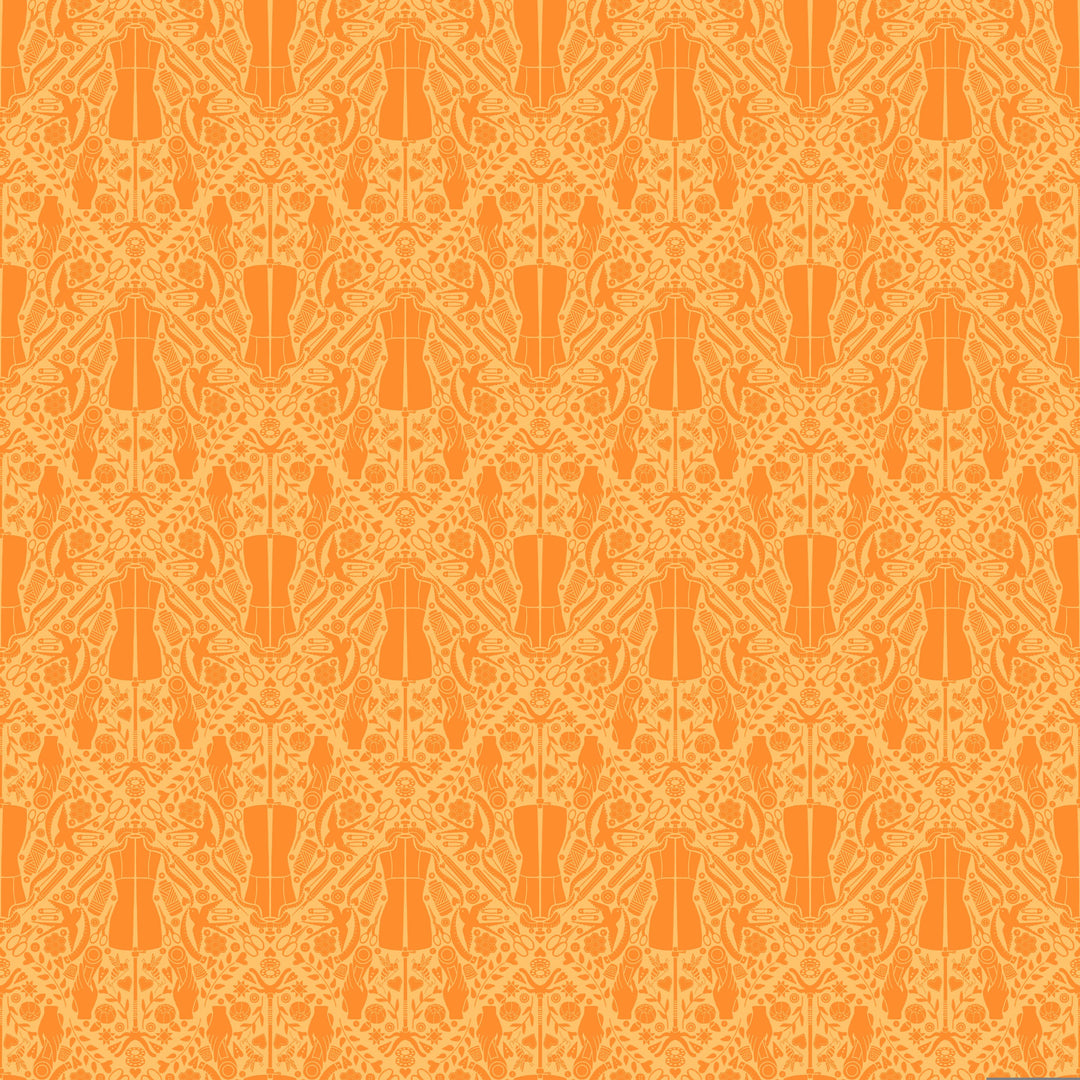 You Got The Notion in Mandarin quilting fabric, part of the Quilty Helpurrs fabric collection by Pammie Jane (SKU: STELLA-DPJ3351 MANDARIN)