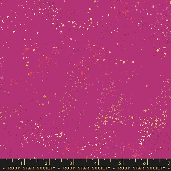 Cotton quilting fabric pattern called '108" Wide Speckled in Berry'. Part of the 'Speckled Wideback' fabric collection. Designed by Ruby Star Society for fabric company Moda Fabrics. SKU: RS5055 62M. 44-45 inch width.