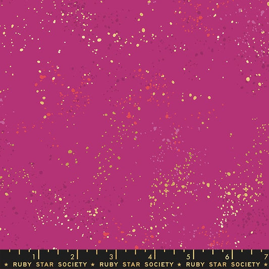 Cotton quilting fabric pattern called '108" Wide Speckled in Berry'. Part of the 'Speckled Wideback' fabric collection. Designed by Ruby Star Society for fabric company Moda Fabrics. SKU: RS5055 62M. 44-45 inch width.