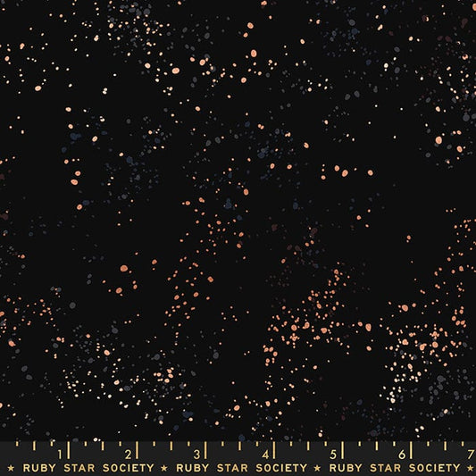 Cotton quilting fabric pattern called '108" Wide Speckled in Black'. Part of the 'Speckled Wideback' fabric collection. Designed by Ruby Star Society for fabric company Moda Fabrics. SKU: RS5055 61M. 44-45 inch width.